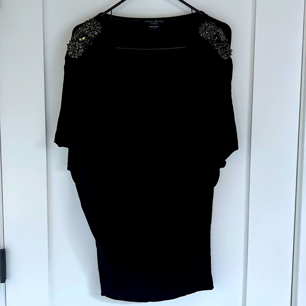Guess by Marciano: Black Mini Dress with Beaded Shoulder Decor in Small